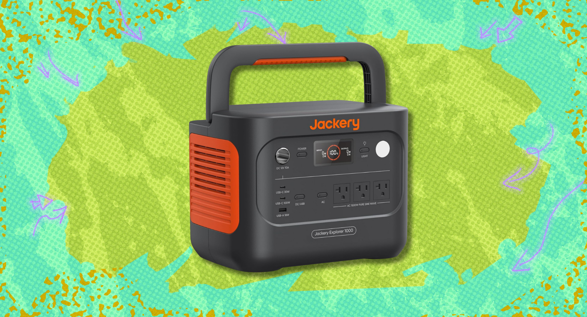 The Jackery explorer 1000 vs portable power station against a green background. 