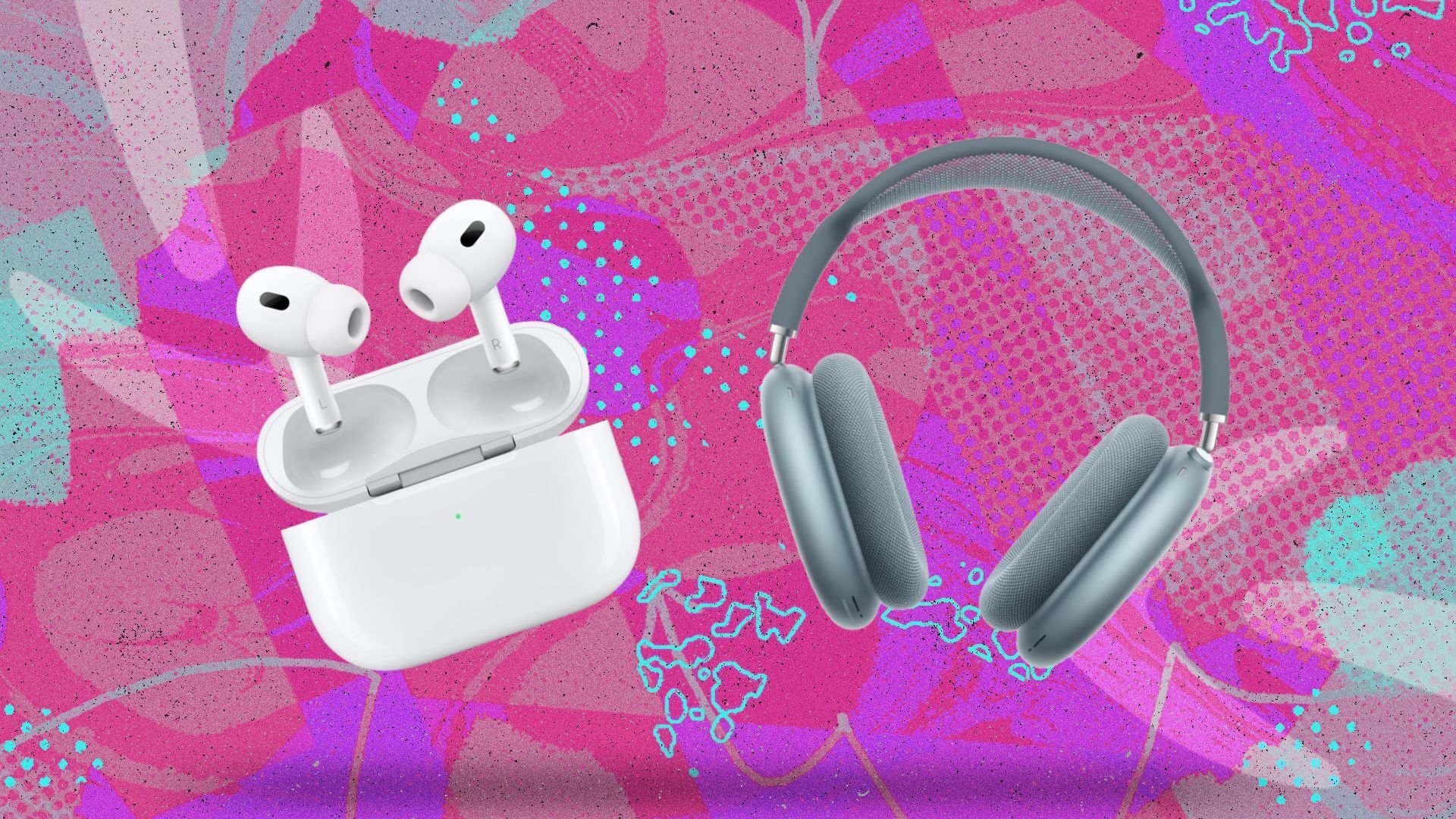 airpods pro 2 and blue airpods max on pink background