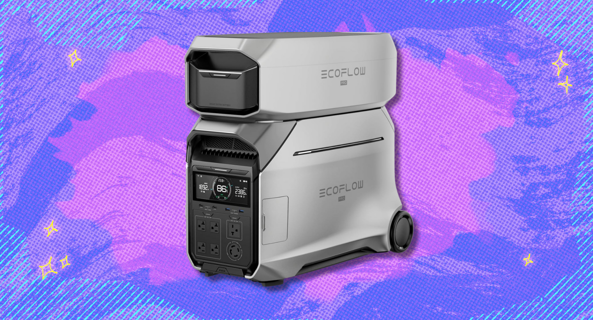 The ecoflow delta pro 3 against a purple and pink background. 