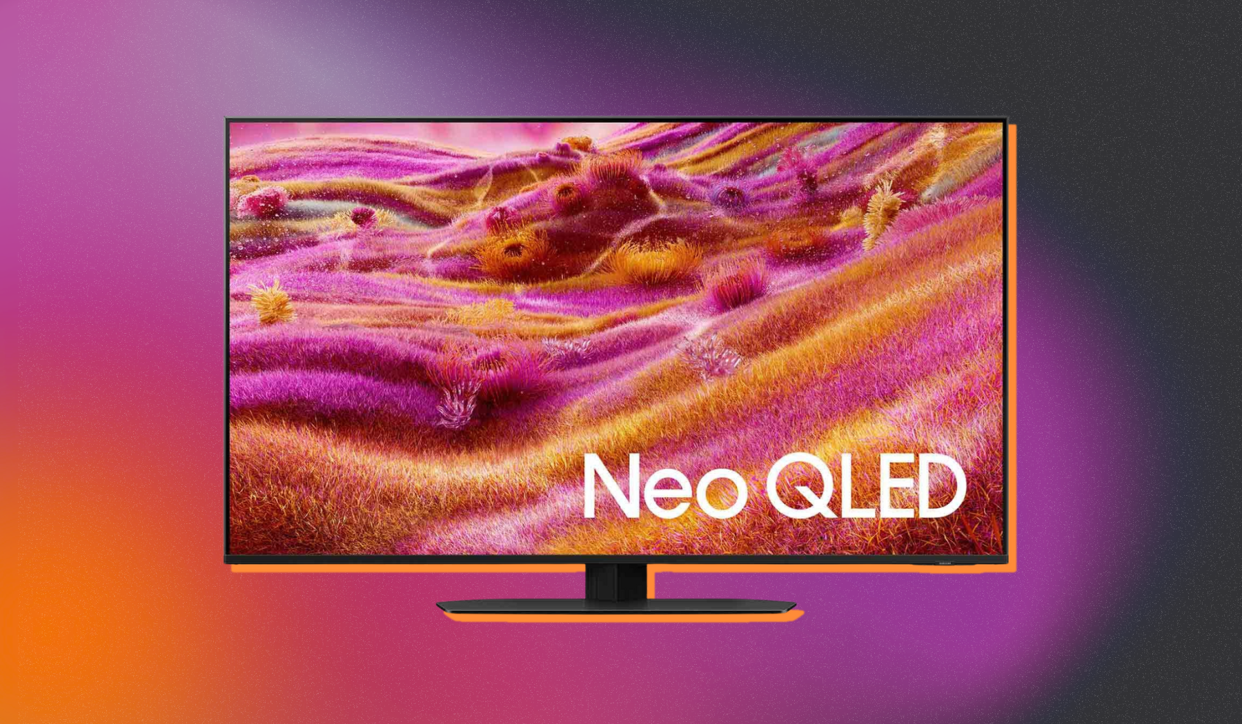 Samsung Neo QLED TV arranged on purple, orange, and gray backdrop