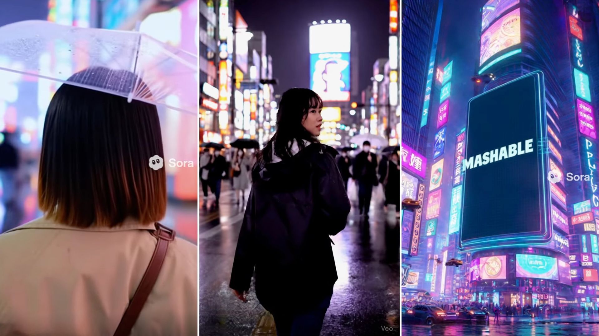 three screenshots from ai-generated videos showing women walking in times square in the rain
