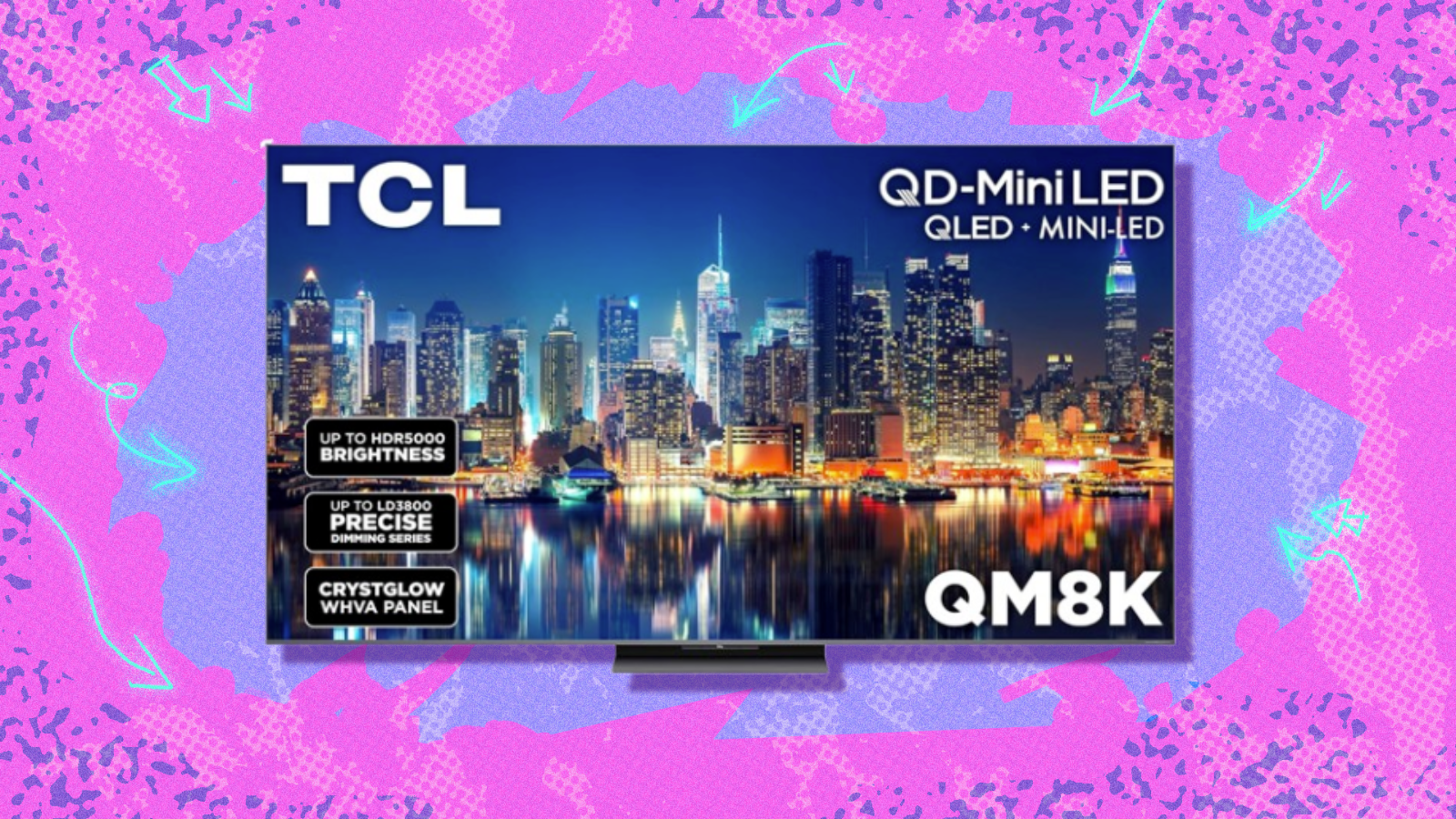 TCL QM8K 4K TV with pink and purple background