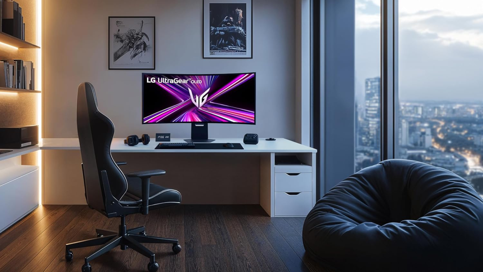 LG 45-inch Ultragear OLED gaming monitor setup on desk in office