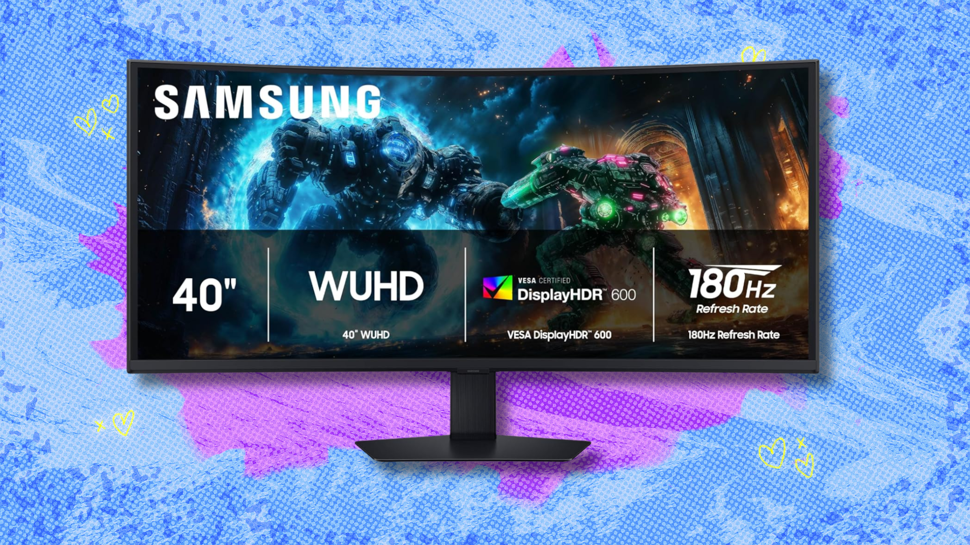 Samsung Odyssey G7 gaming monitor on blue and purple abstract background