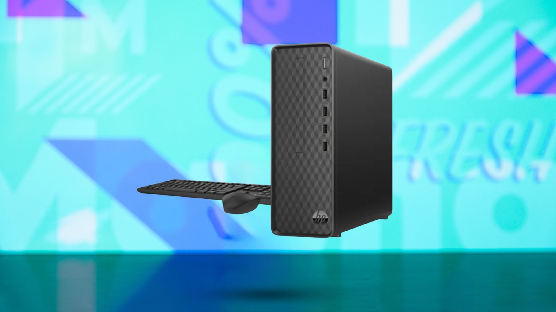 HP desktop on blue background