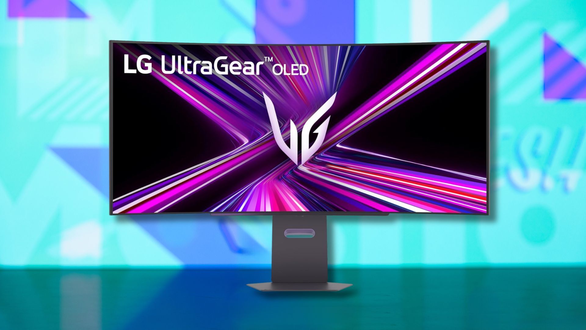 lg 45-inch ultragear curved gaming monitor against a light blue patterned background