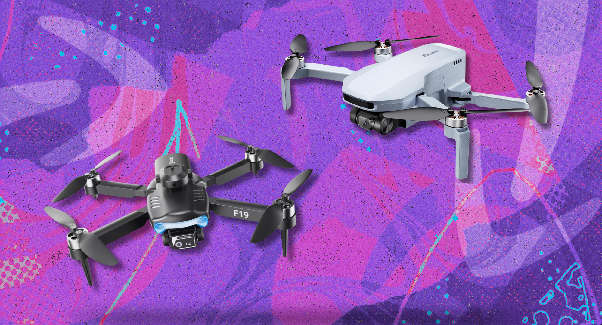 Two drones sitting against a purple background.