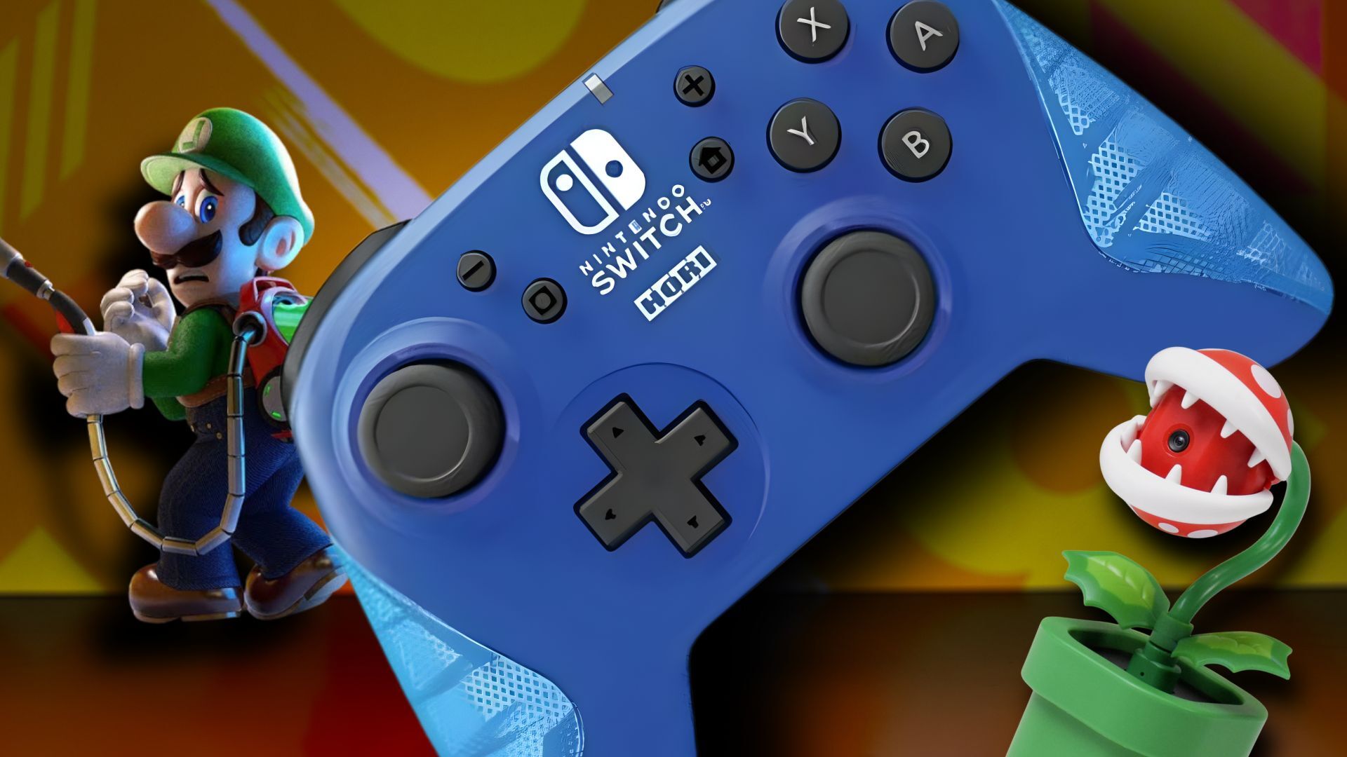 Luigi, Nintendo Switch Horipad and Piranha plant camera on a orange patterned background
