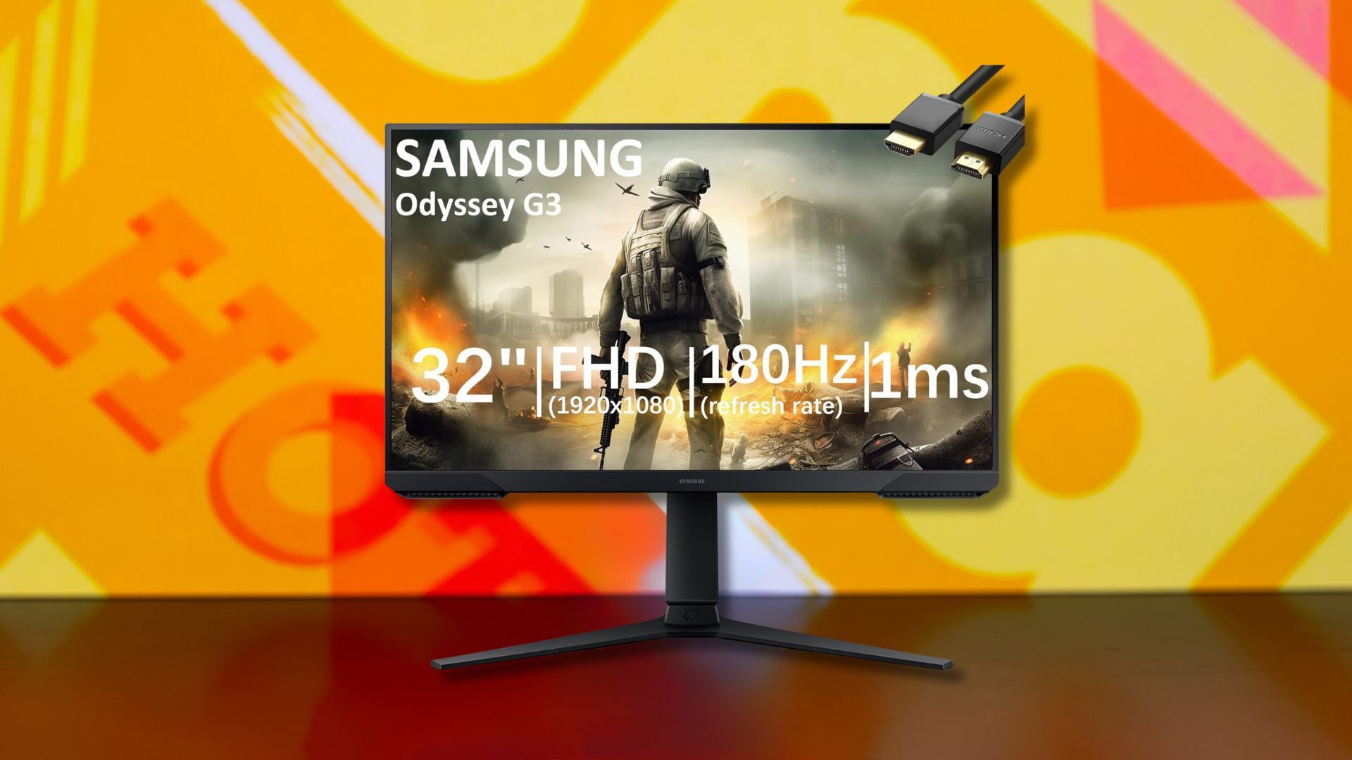 samsung odyssey g3 gaming monitor against a yellow patterned background