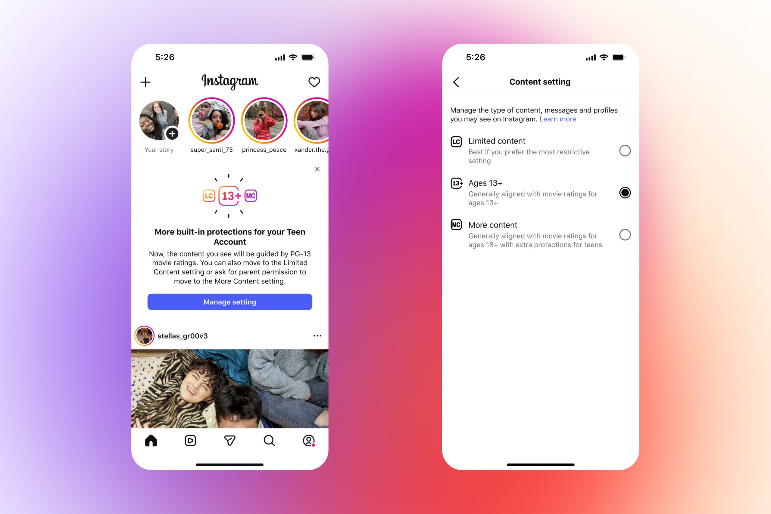 Two phone screens show a pop-up for the PG-13 update and a settings menu with the Teen Account controls toggled on.