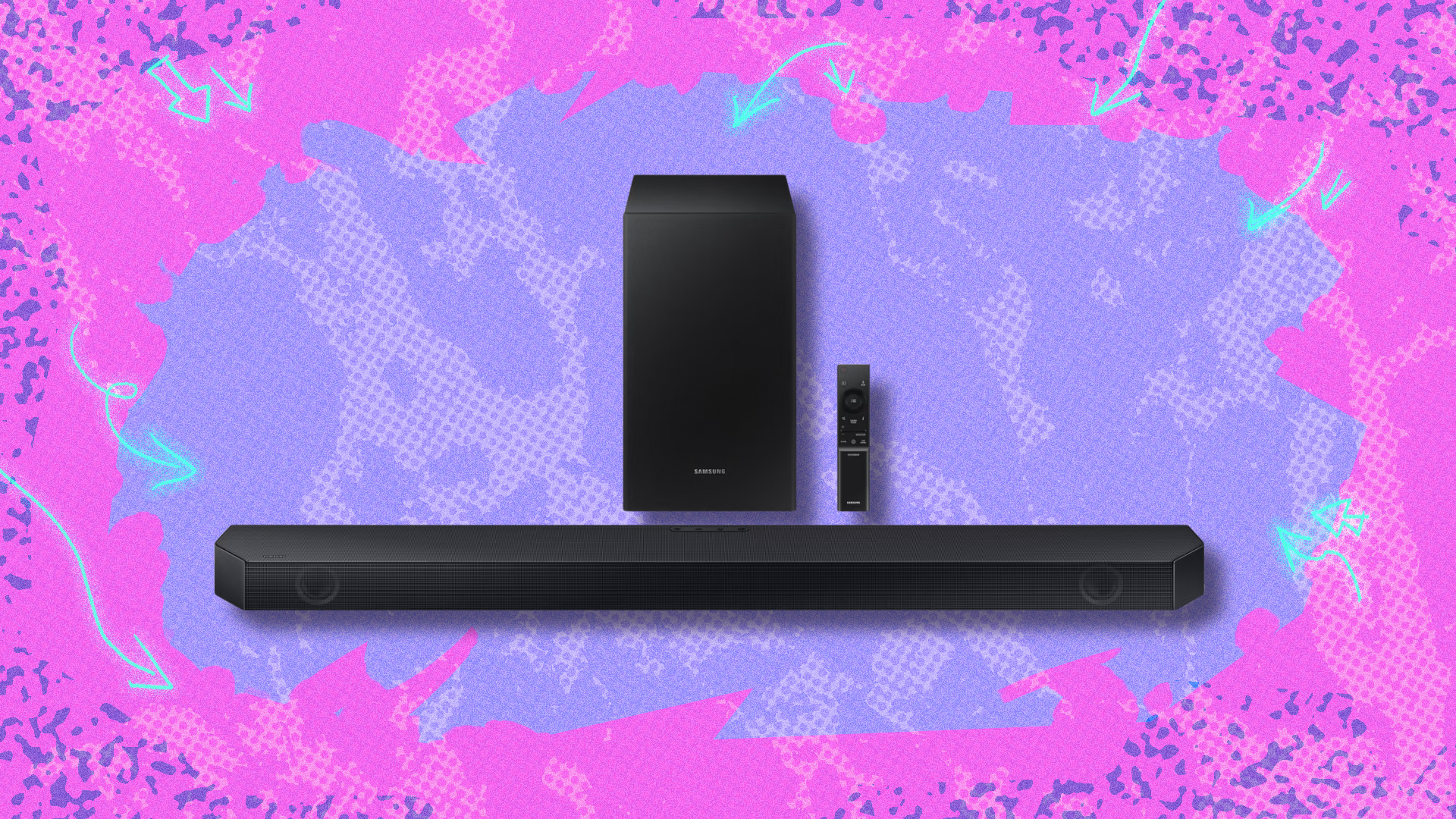 Samsung Q-series soundbar on pink and lavender abstract background