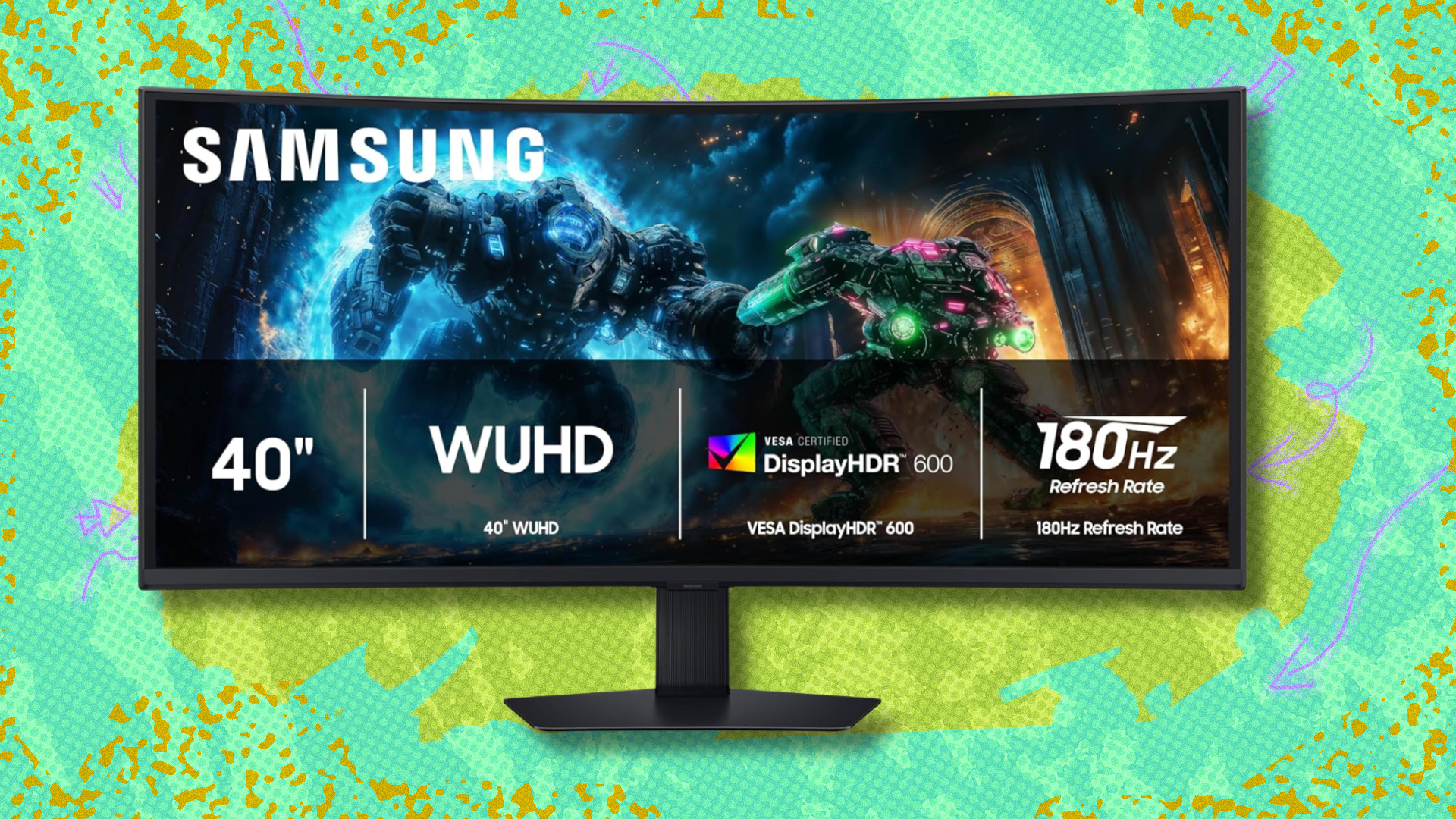 Samsung Odyssey G7 gaming monitor on green and yellow abstract background
