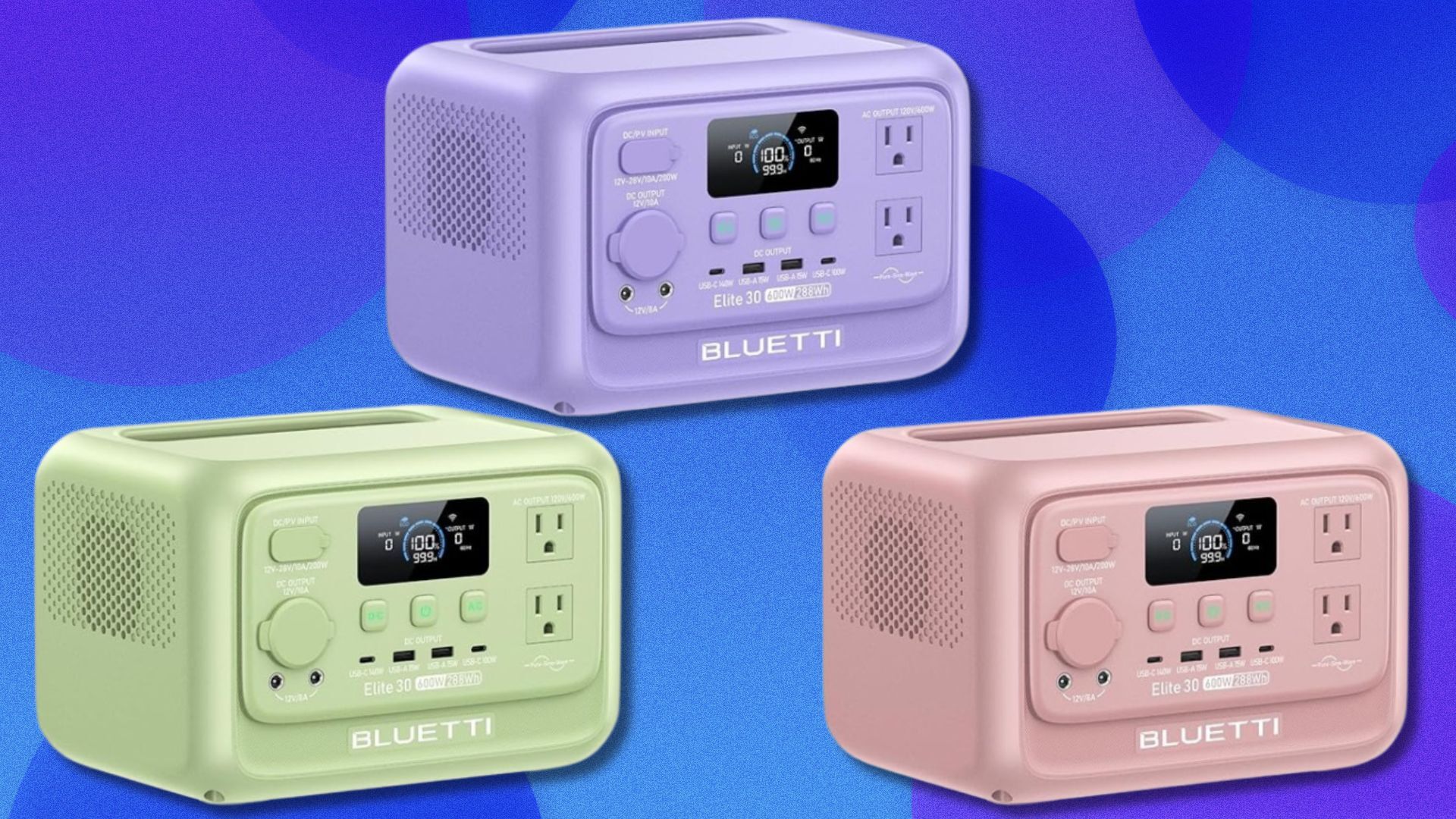 the bluetti elite 30 v2 in pink, purple, and green on a blue background