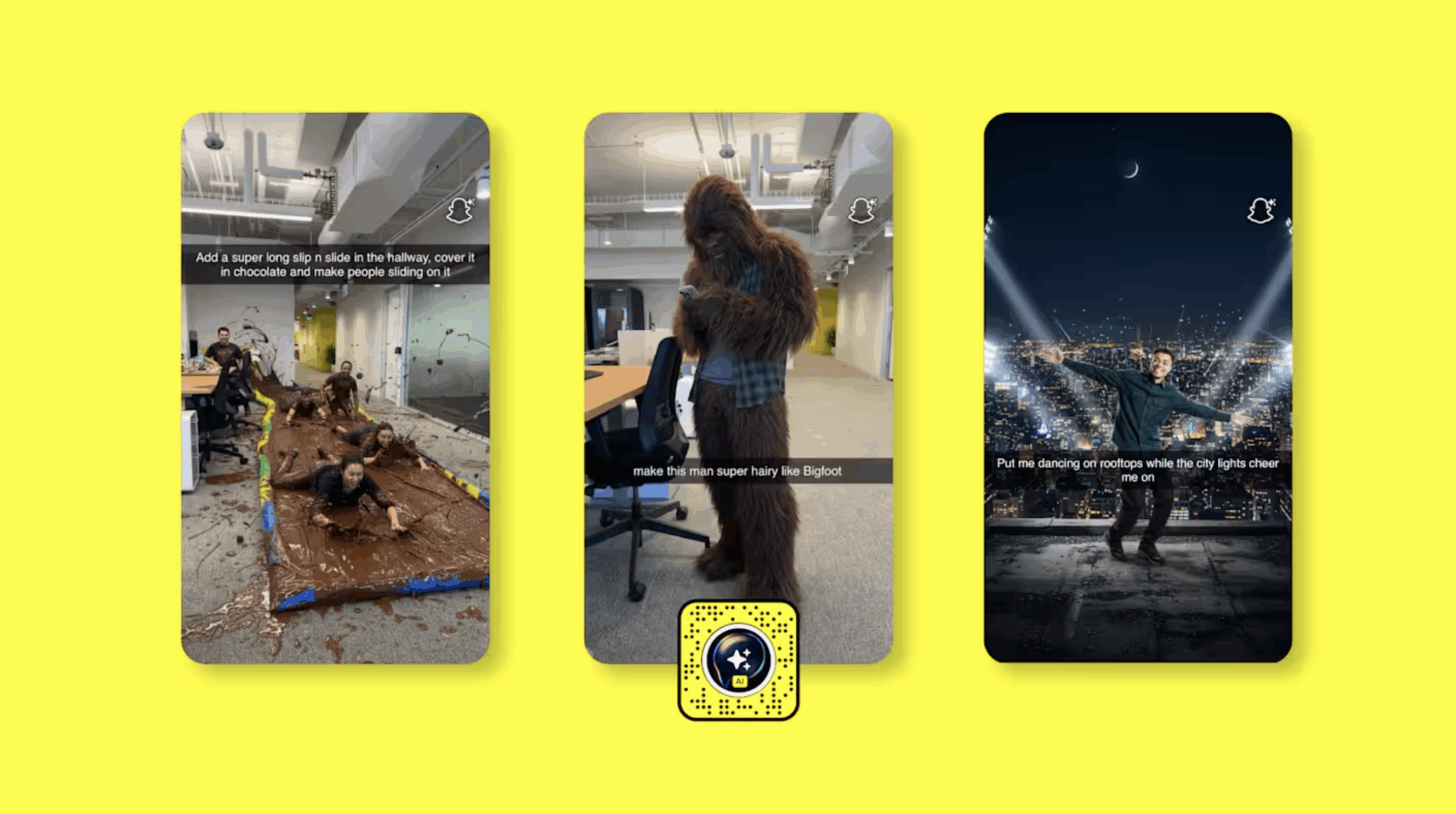 Three phone images show Snapchat's AI lens in action.