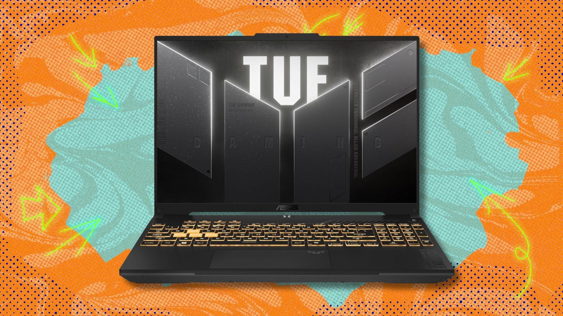 asus tuf gaming f16 laptop against an orange and blue patterned background