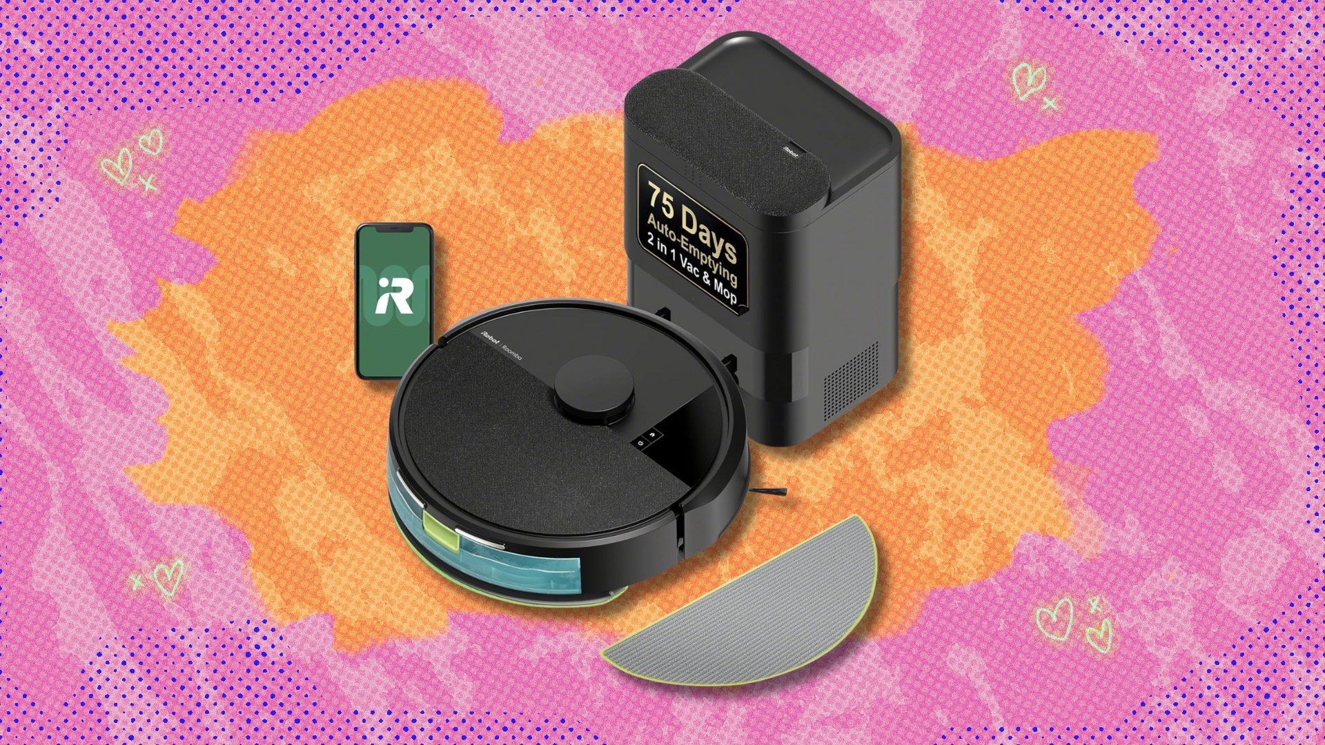 iRobot Roomba 104 robot vacuum and mop on pink and orange abstract background