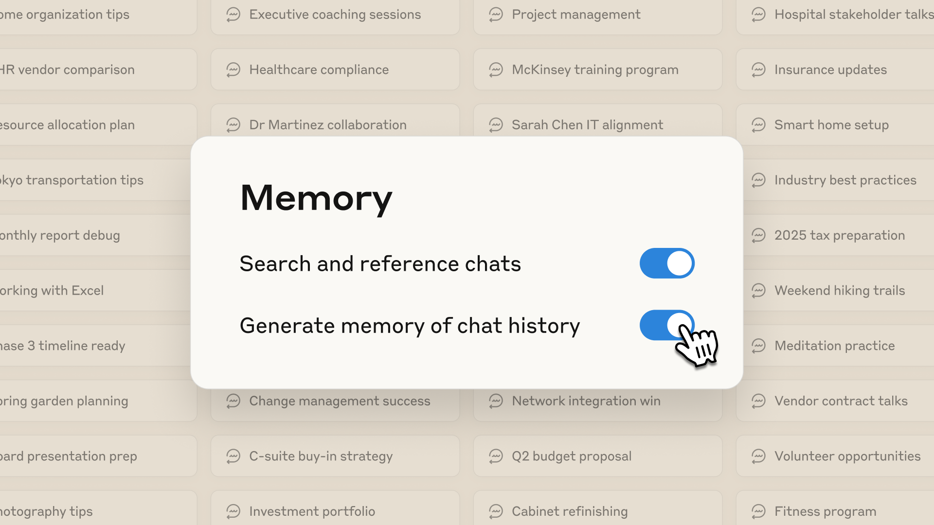 screenshot of claude memory toggle settings, Search and reference chats and Generate memory of chat history