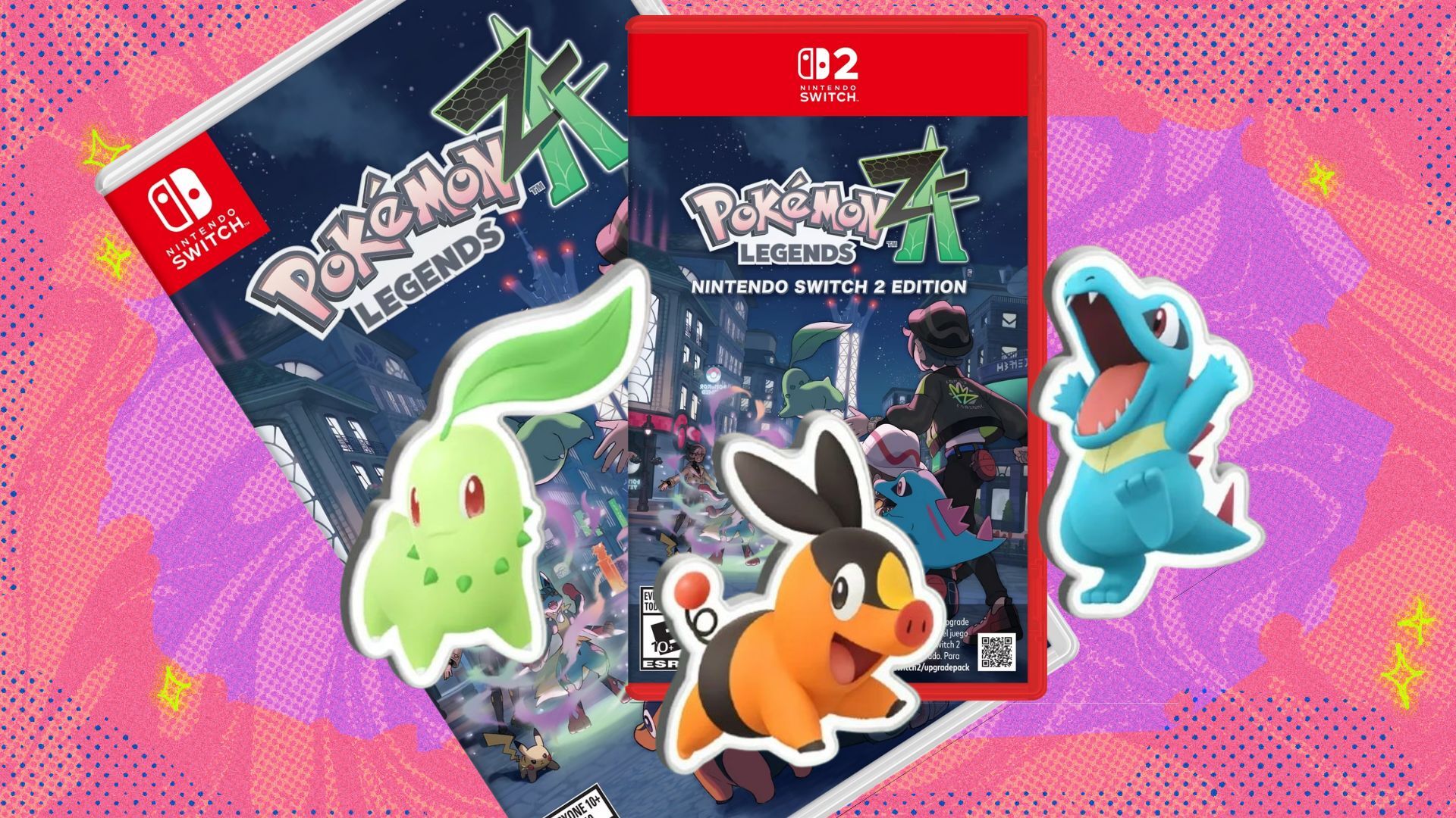 Pokémon Legends: Z-A switch 1 and 2 box art and exclusive Walmart pins on a pink background