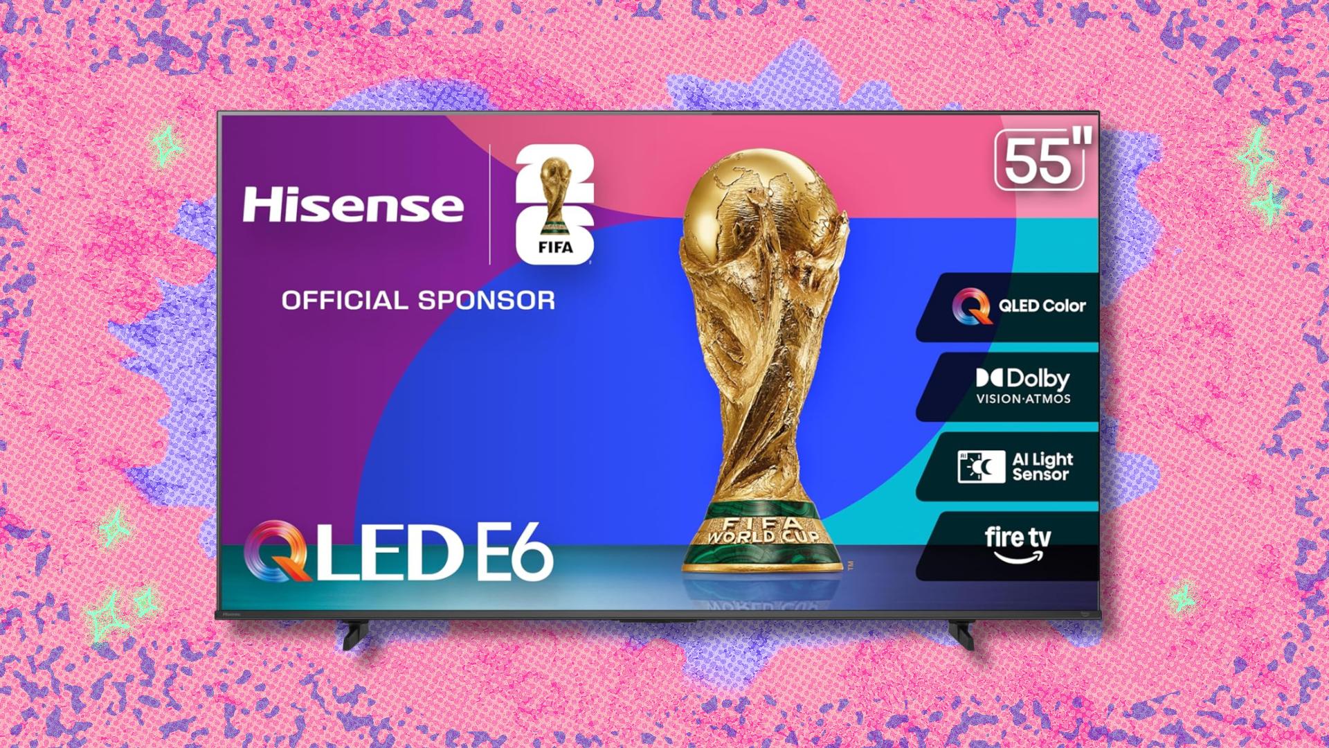 Hisense 55-inch E6 Series QLED 4K Fire TV on pink and purple abstract background