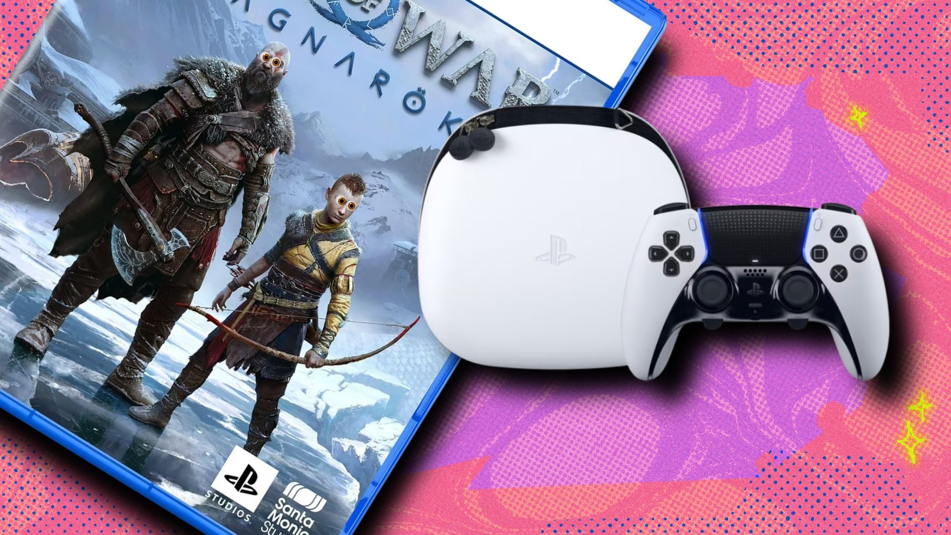 God of War Ragnarök and PlayStation Dualsense edge controller on a pink patterned background