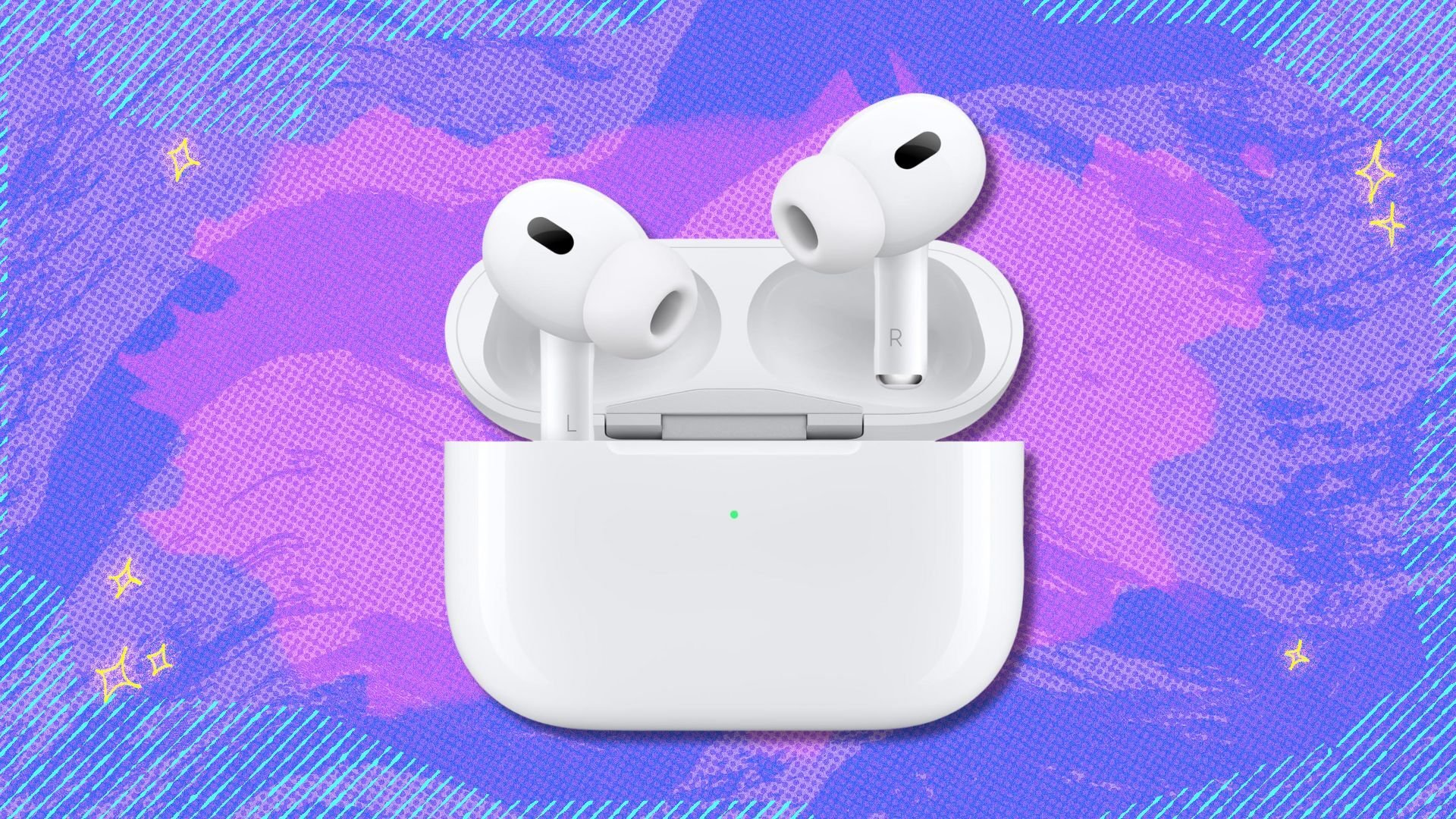 airpods pro 2 earbuds in a case against a purple patterned background