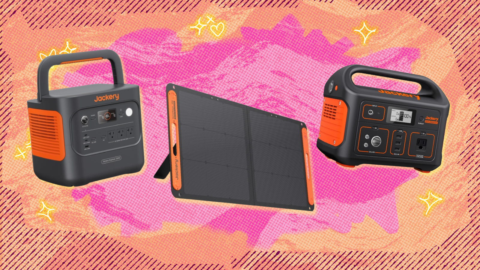 Jackery power stations and solar panel with pink and orange background