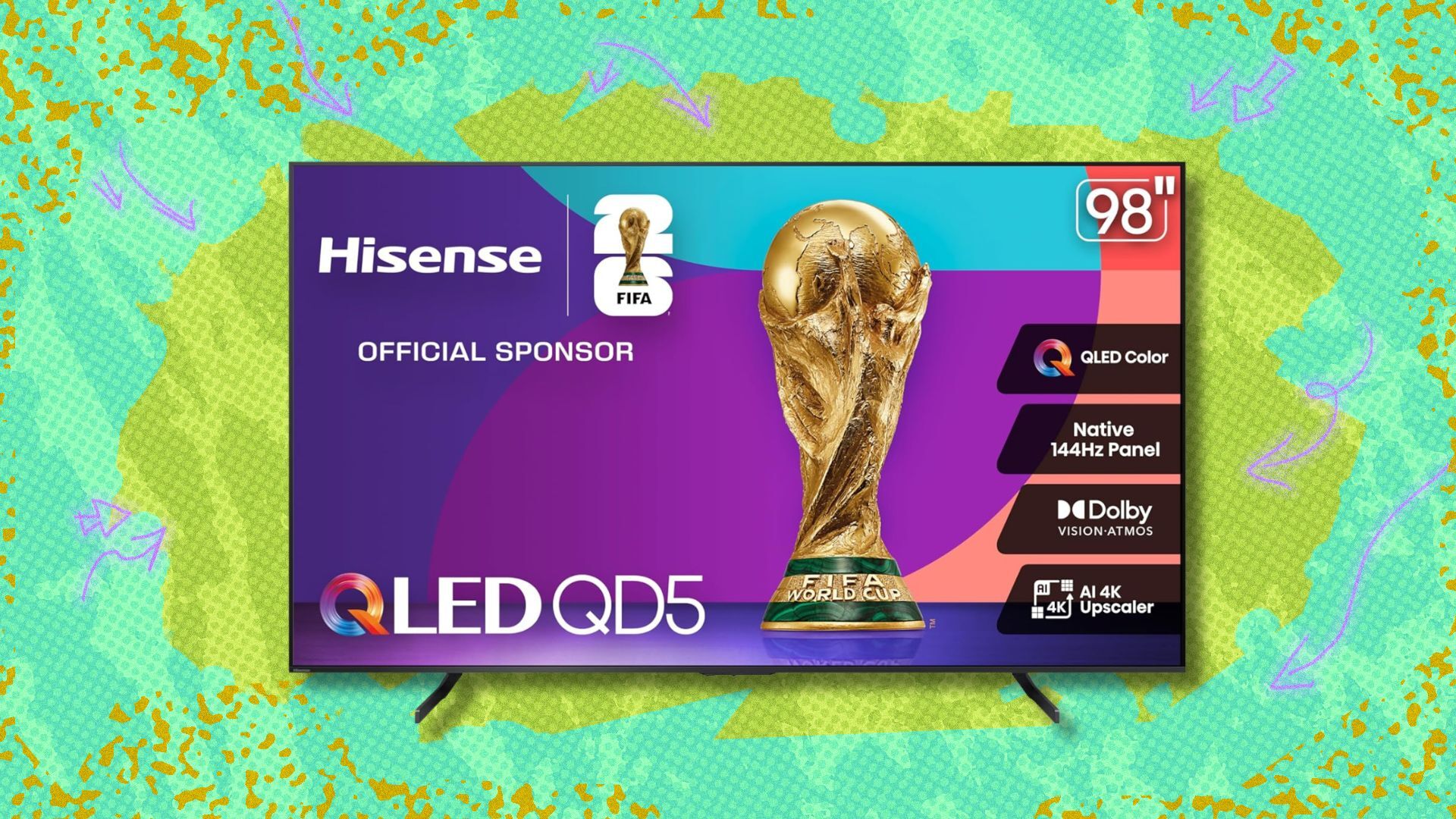 hisense 98-inch qd5 qled 4k tv against a green patterned background