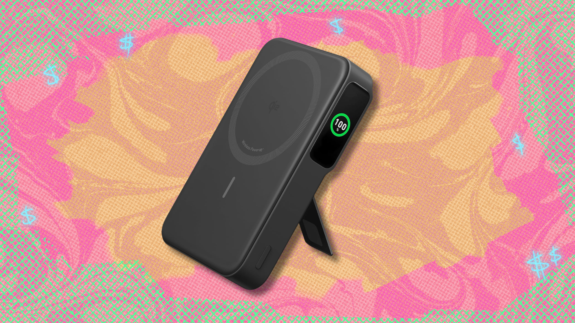 Anker MagGo Power Bank on orange and teal abstract background
