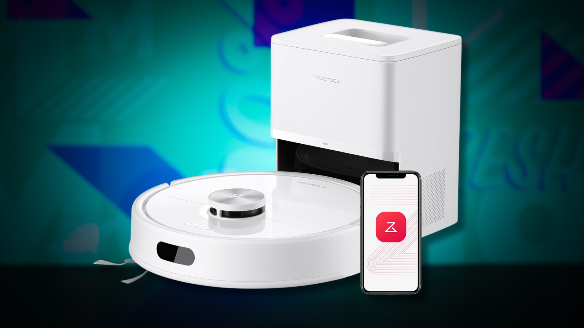 A Roborock Q7 M5+ robot vacuum on colorful background