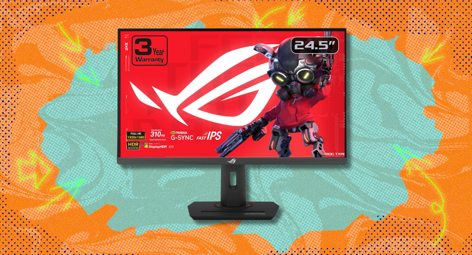 An ASUS gaming monitor against a green and orange background. 