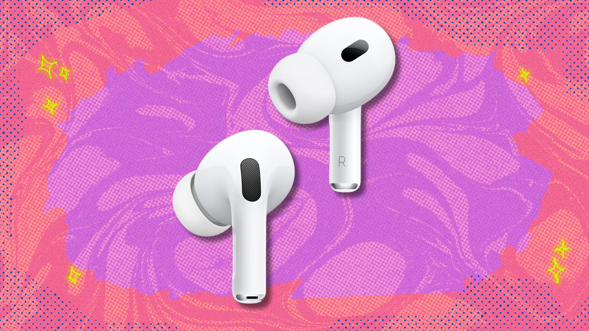 Apple AirPods Pro 2 on pink and purple abstract background