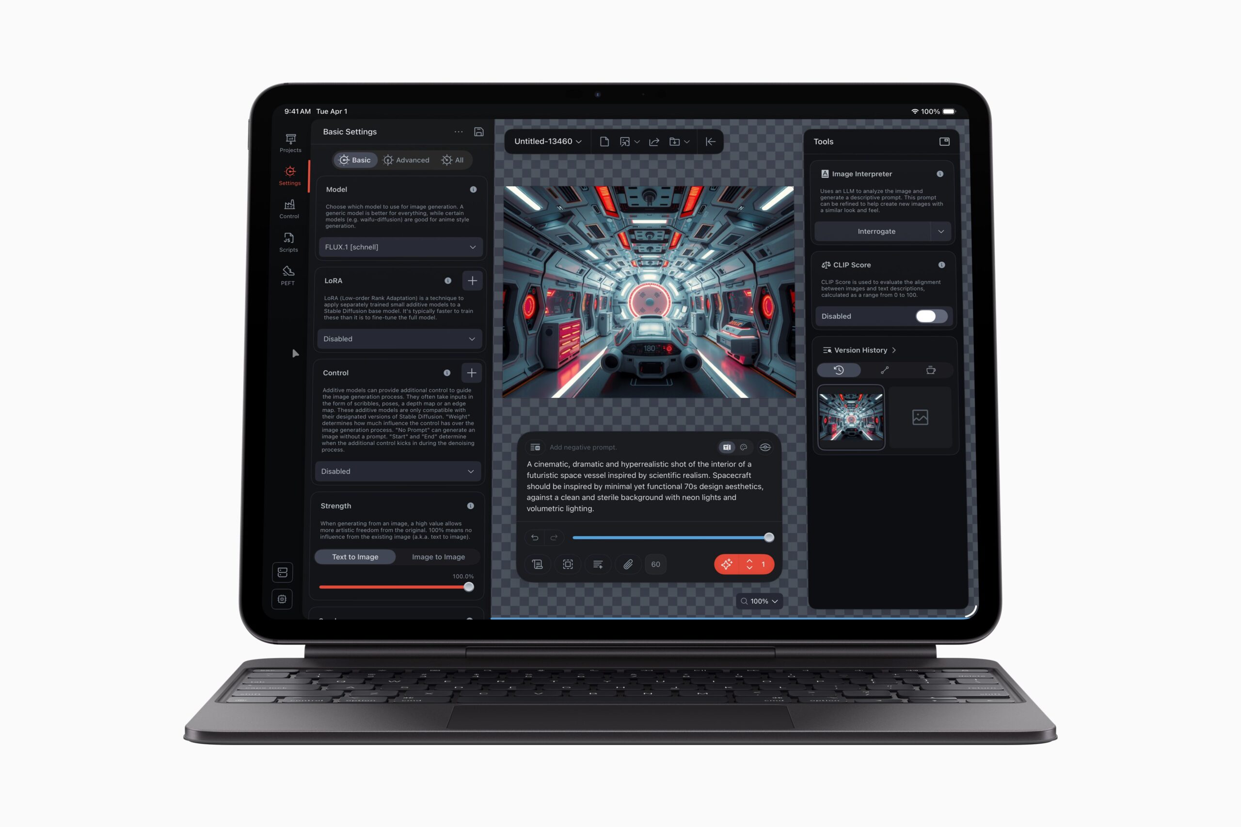 A MacBook displays the interface for generative AI app Draw Things.