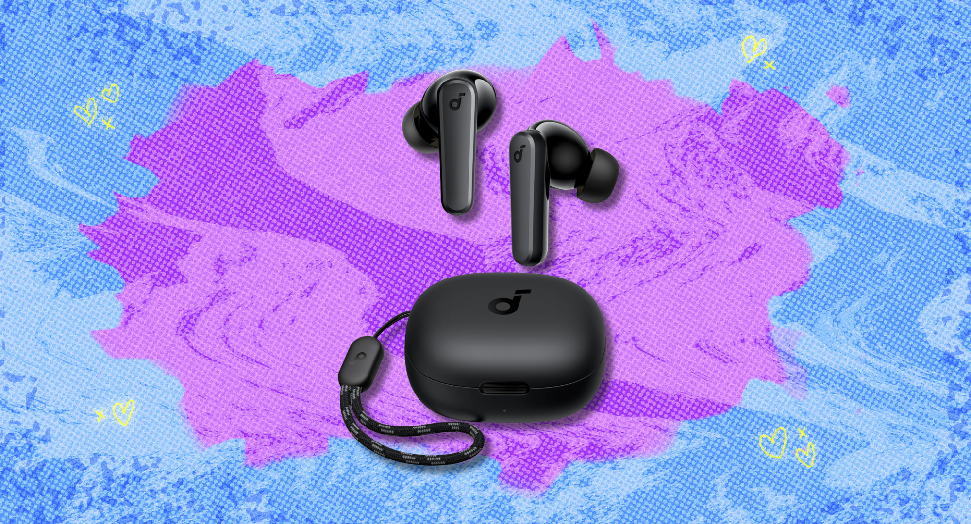 The Soundcore by Anker P20i wireless earbuds against a purple and blue background. 