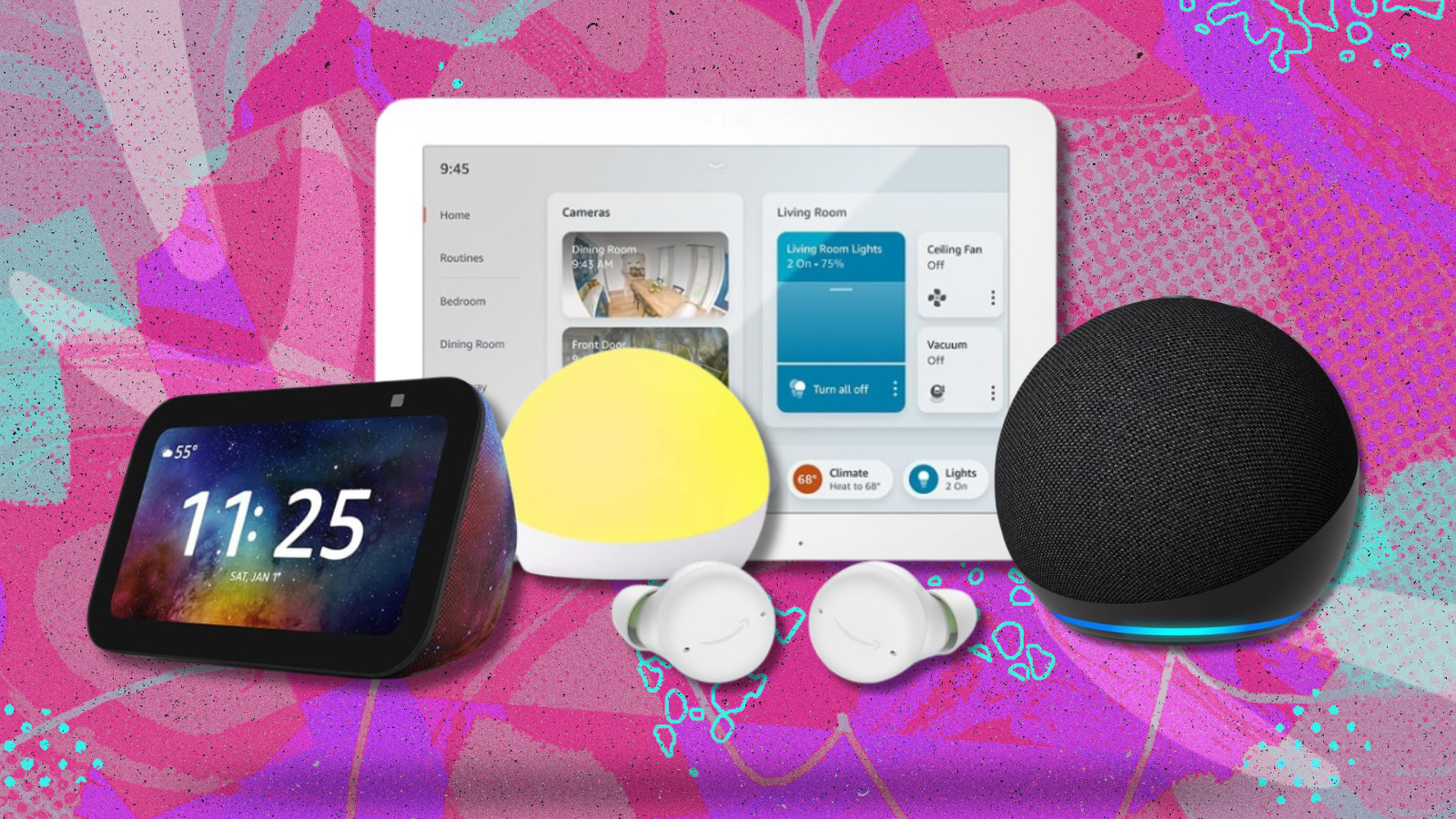 Amazon Echo devices with colorful background