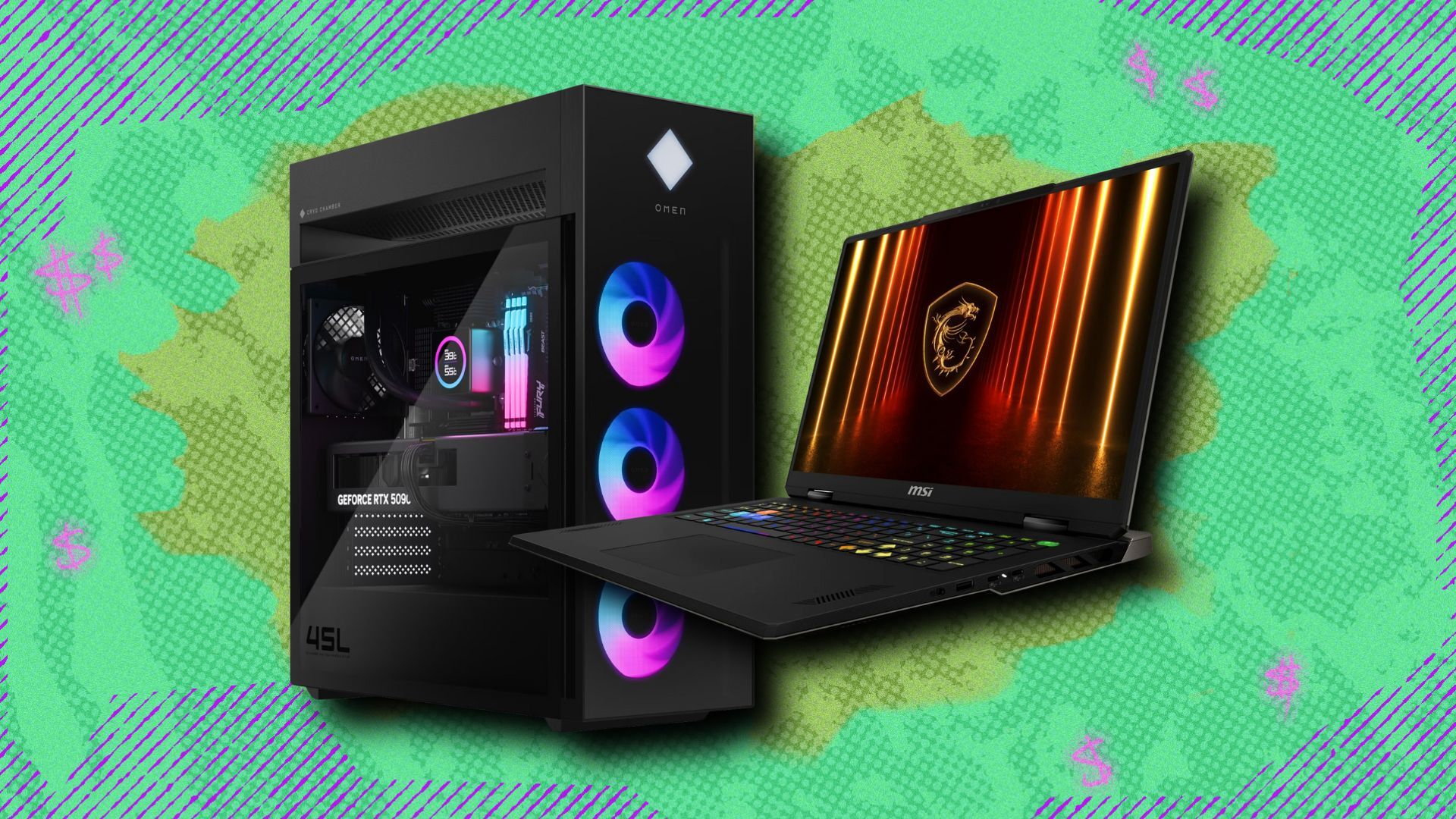 Omen gaming PC and MSI Vector A18 HX gaming laptop on a green patterned background