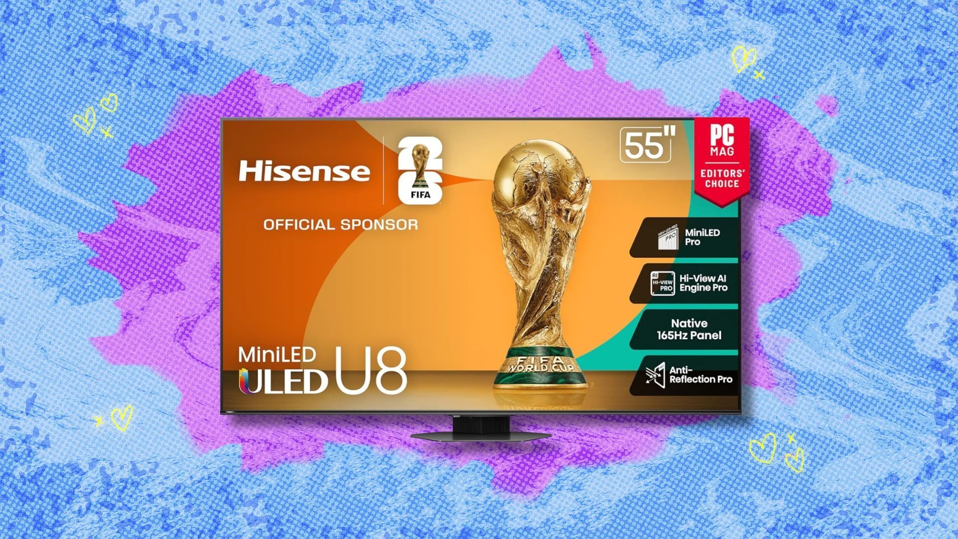 hisense 55-inch u8 mini-led uled 4k tv against a blue and purple patterned background