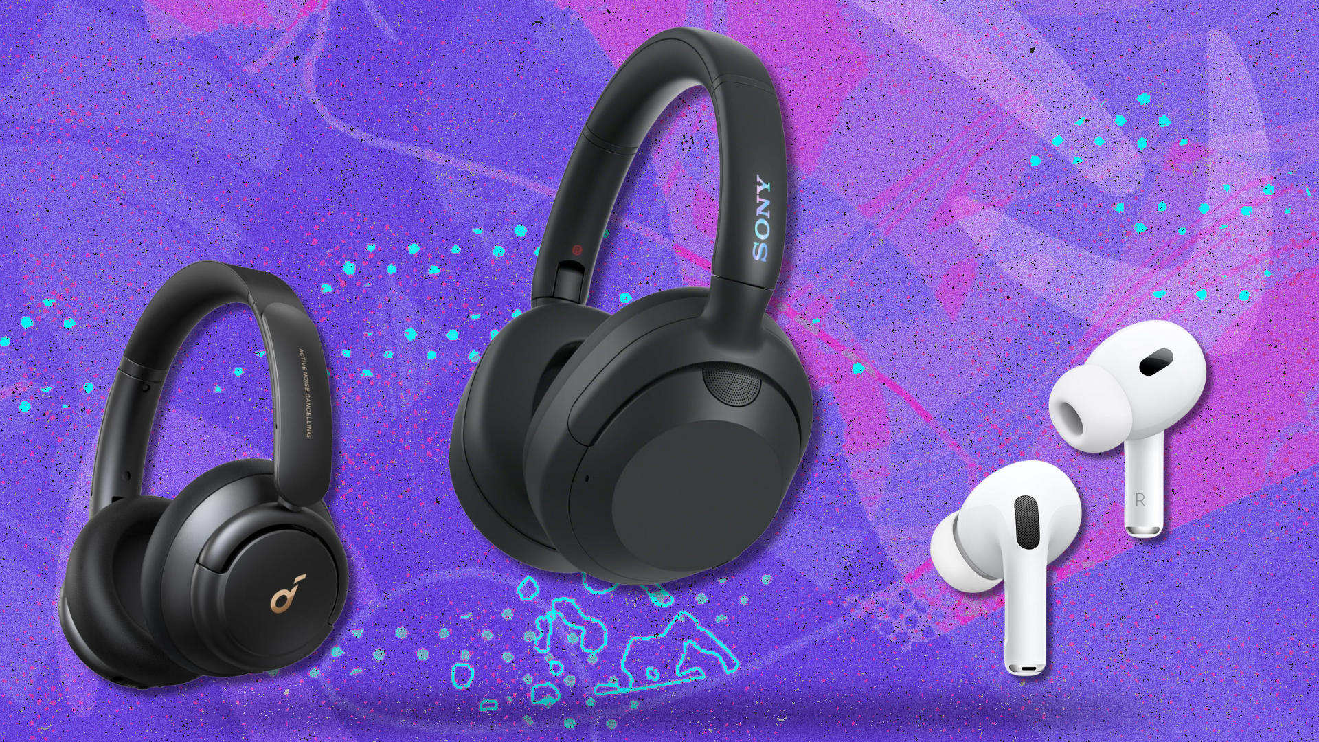 Headphones on purple and pink abstract background