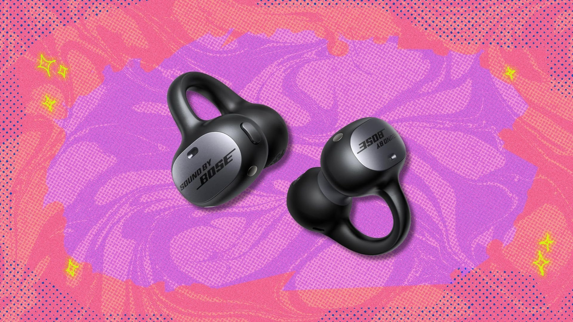 baseus inspire xc1 open ear clip-on earbuds against a pink and purple patterned background