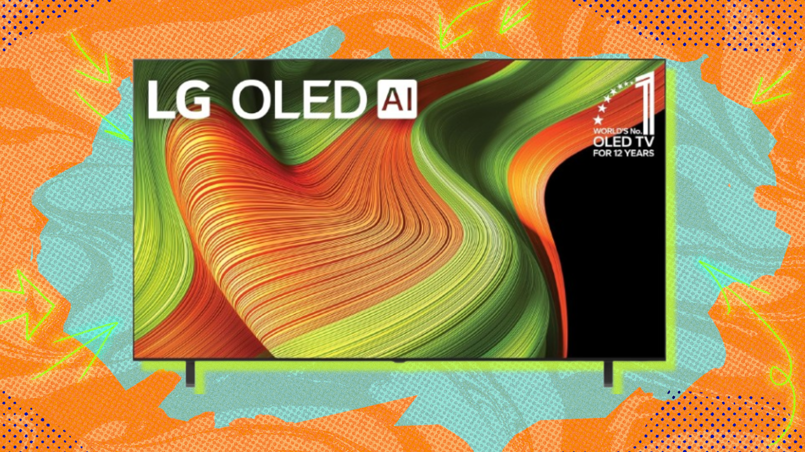 LG B5 OLED TV with orange and teal background