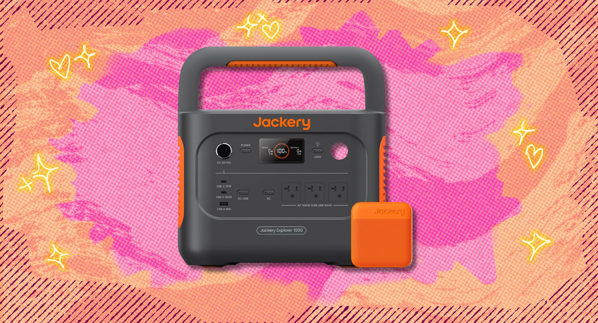 Jackery portable power station against an orange and pink background.