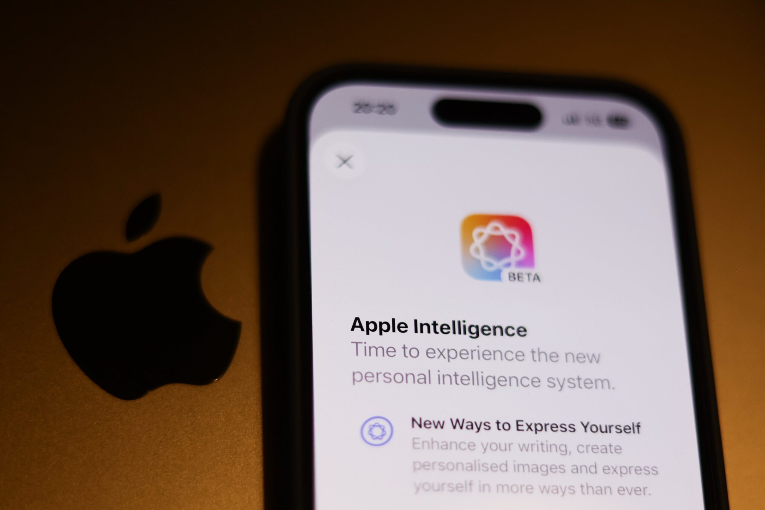 Apple logo beside Apple Intelligence screen on iPhone