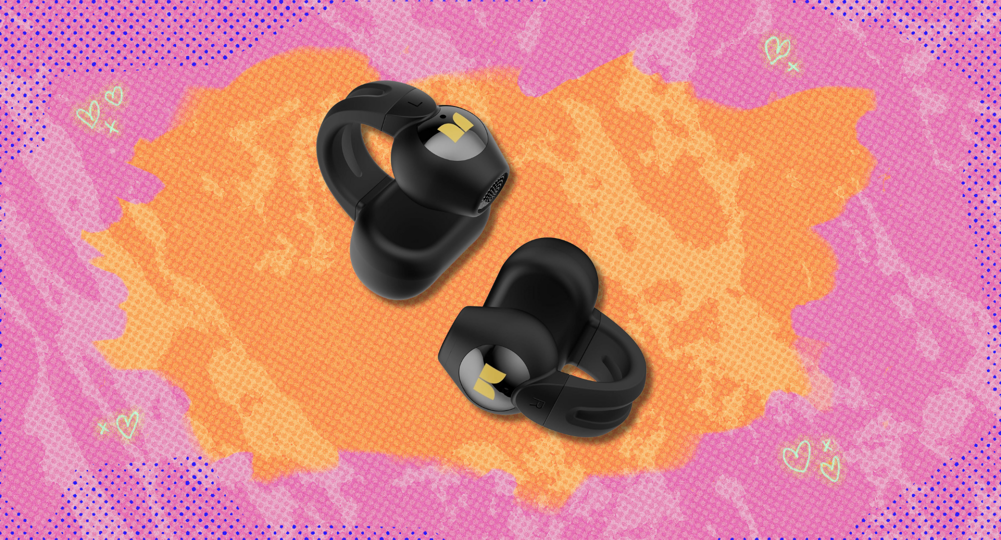 Monster open ear headphones against an orange and pink background. 