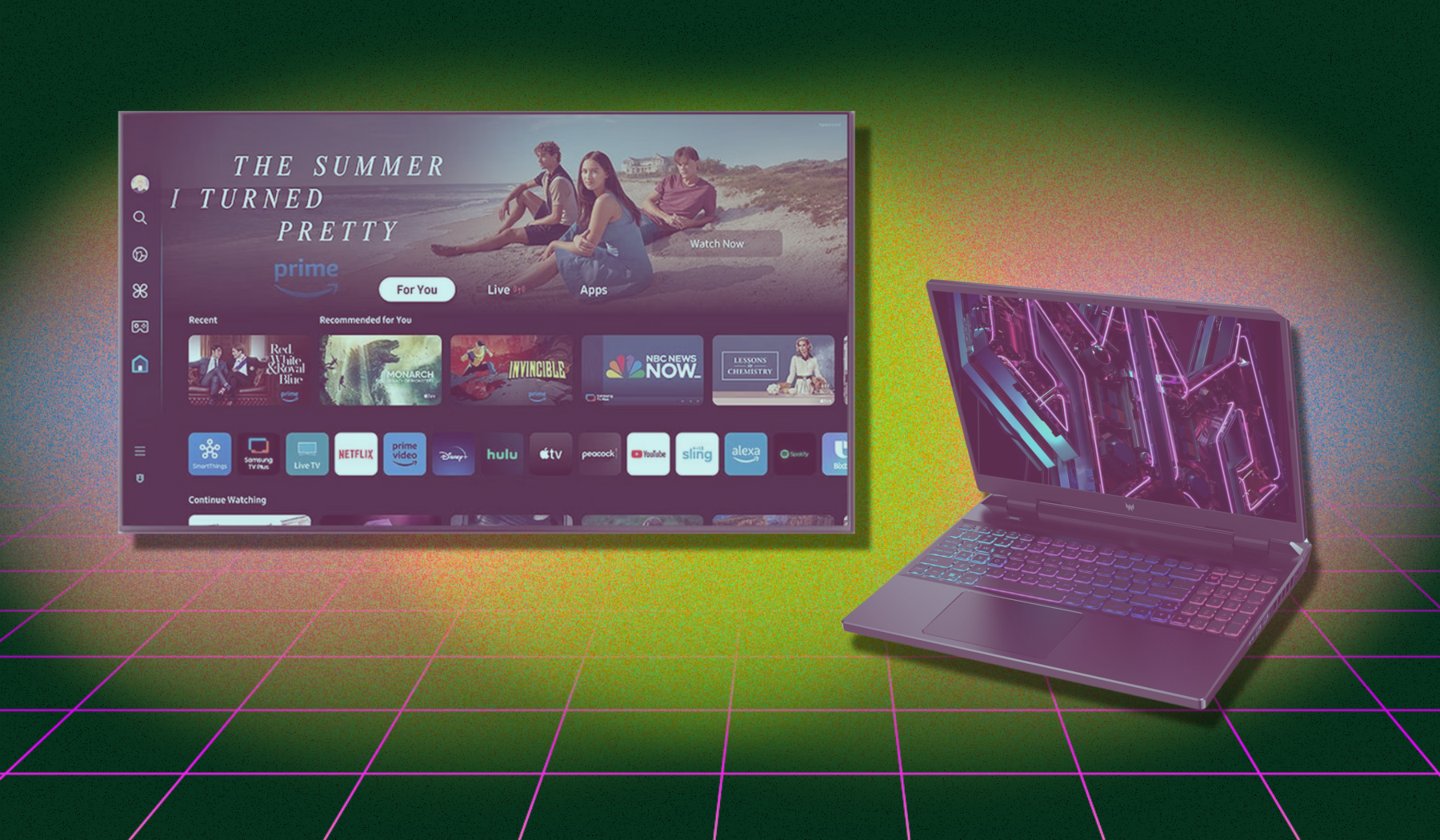 Samsung TV and Helios gaming laptop arranged on black, green, pink backdrop with grid