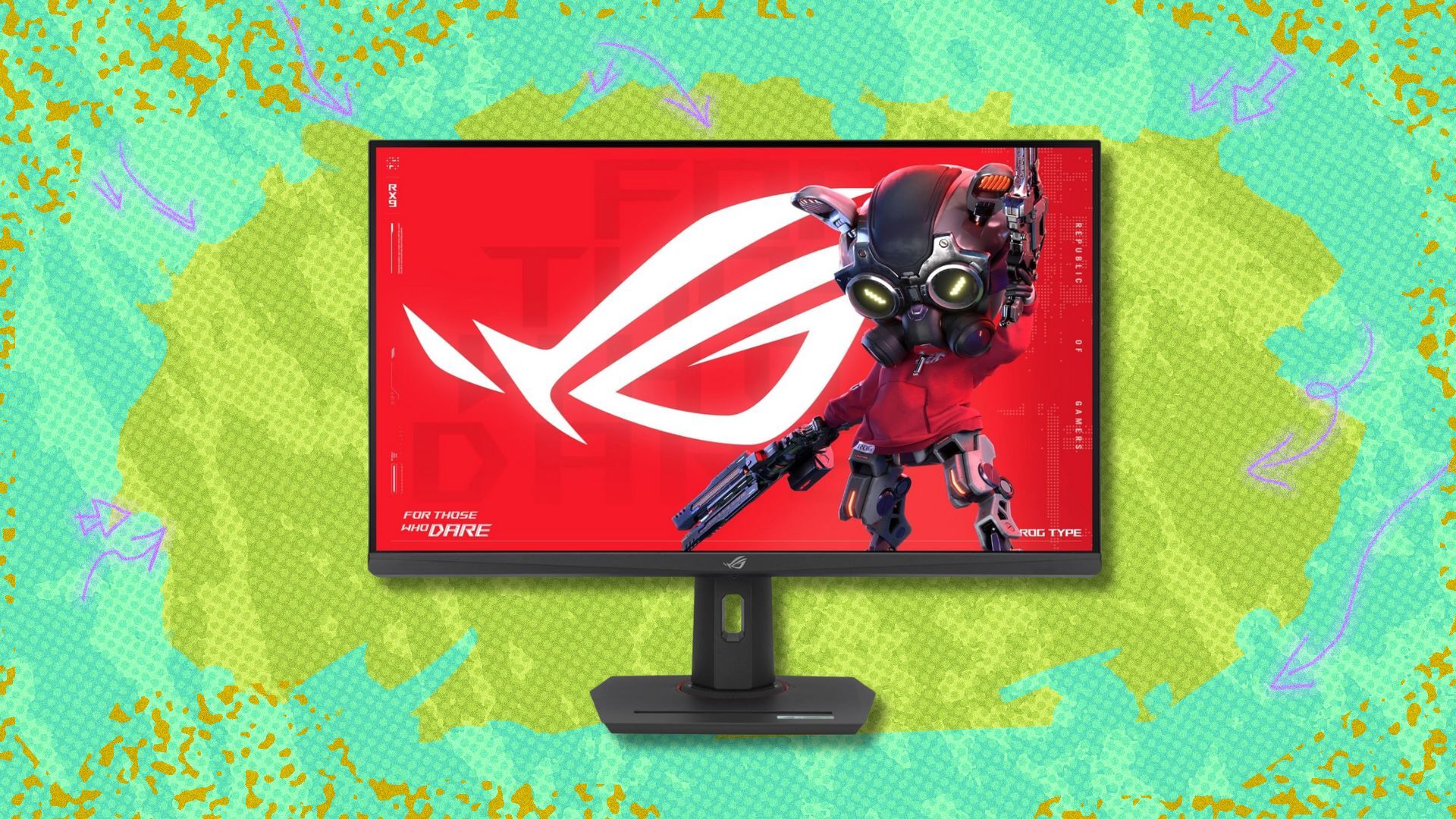 asus rog strix 32-inch 4K hdr gaming monitor against a green patterned background