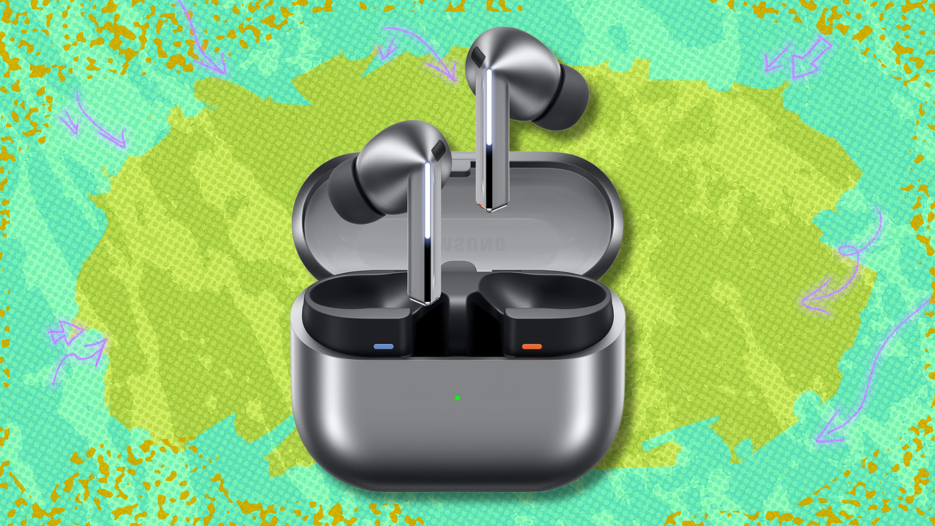 Samsung Galaxy Buds 3 Pro on green and mint abstract background.