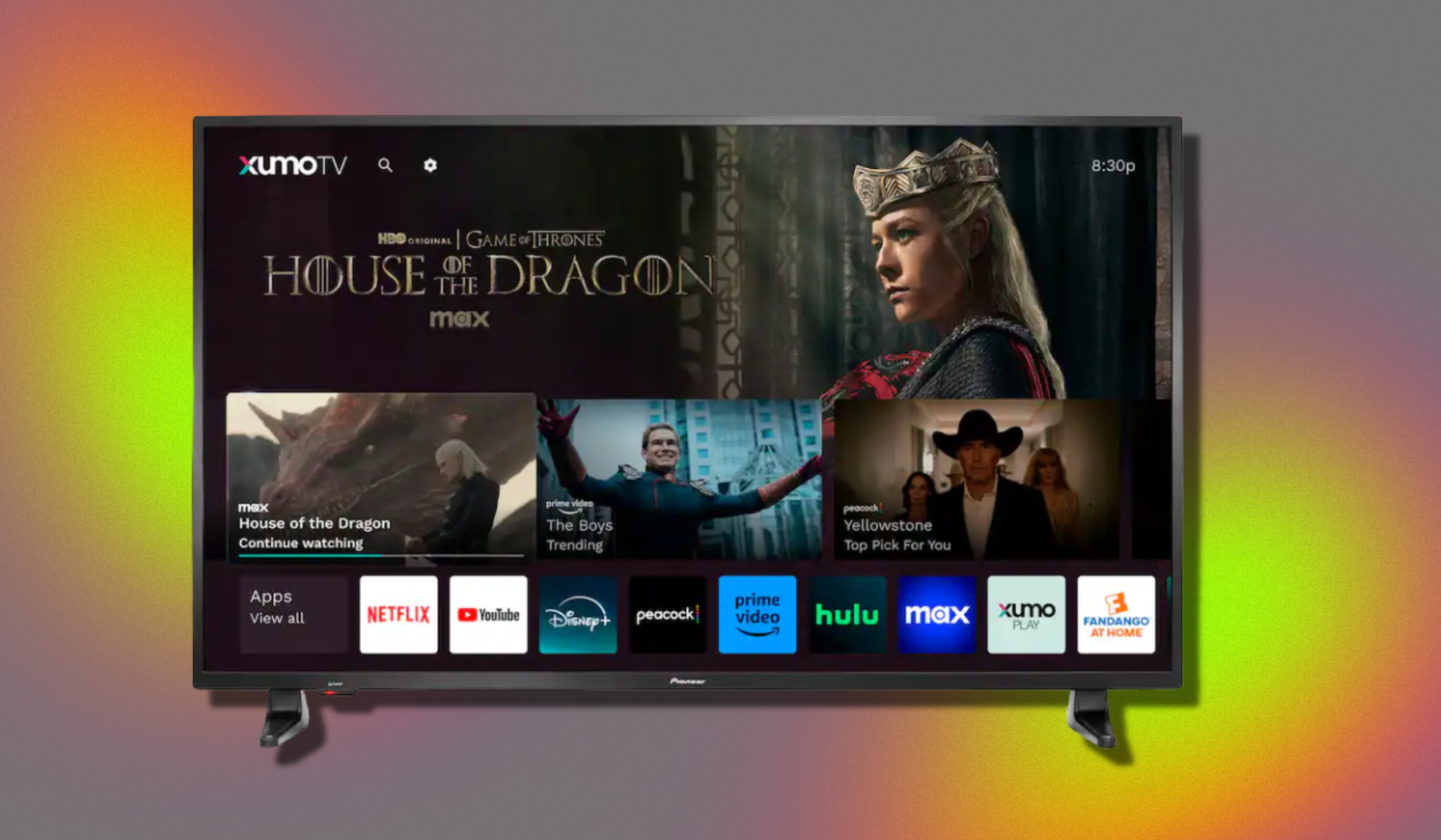 Pioneer 4K TV with streaming apps on screen, arranged on gray, green, and pink backdrop