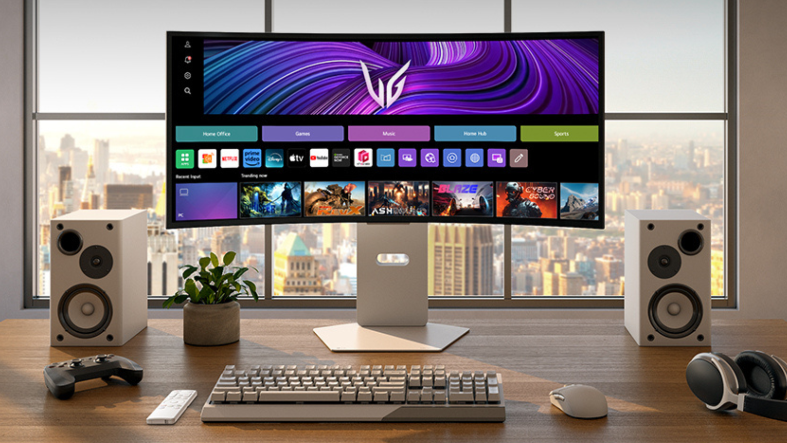 LG UltraGear gaming monitor on desktop setup in front of window