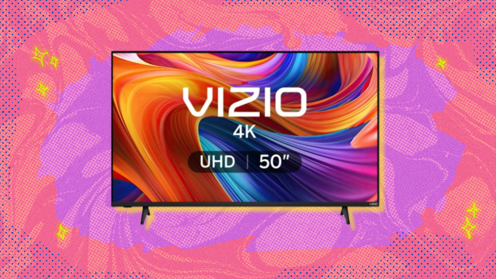 Vizio TV with pink and purple background