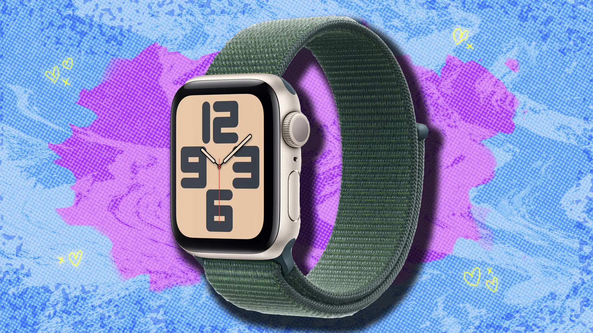 apple watch se 2 against a blue and purple patterned background
