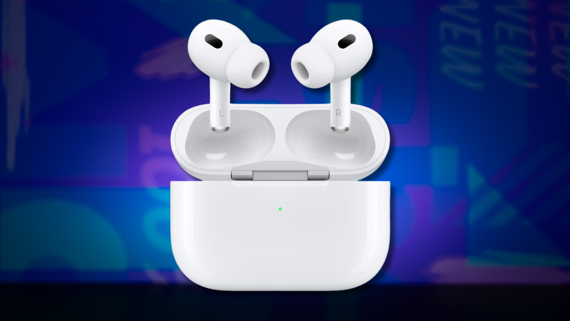 A pair of Apple AirPods Pro 2 on a colorful background